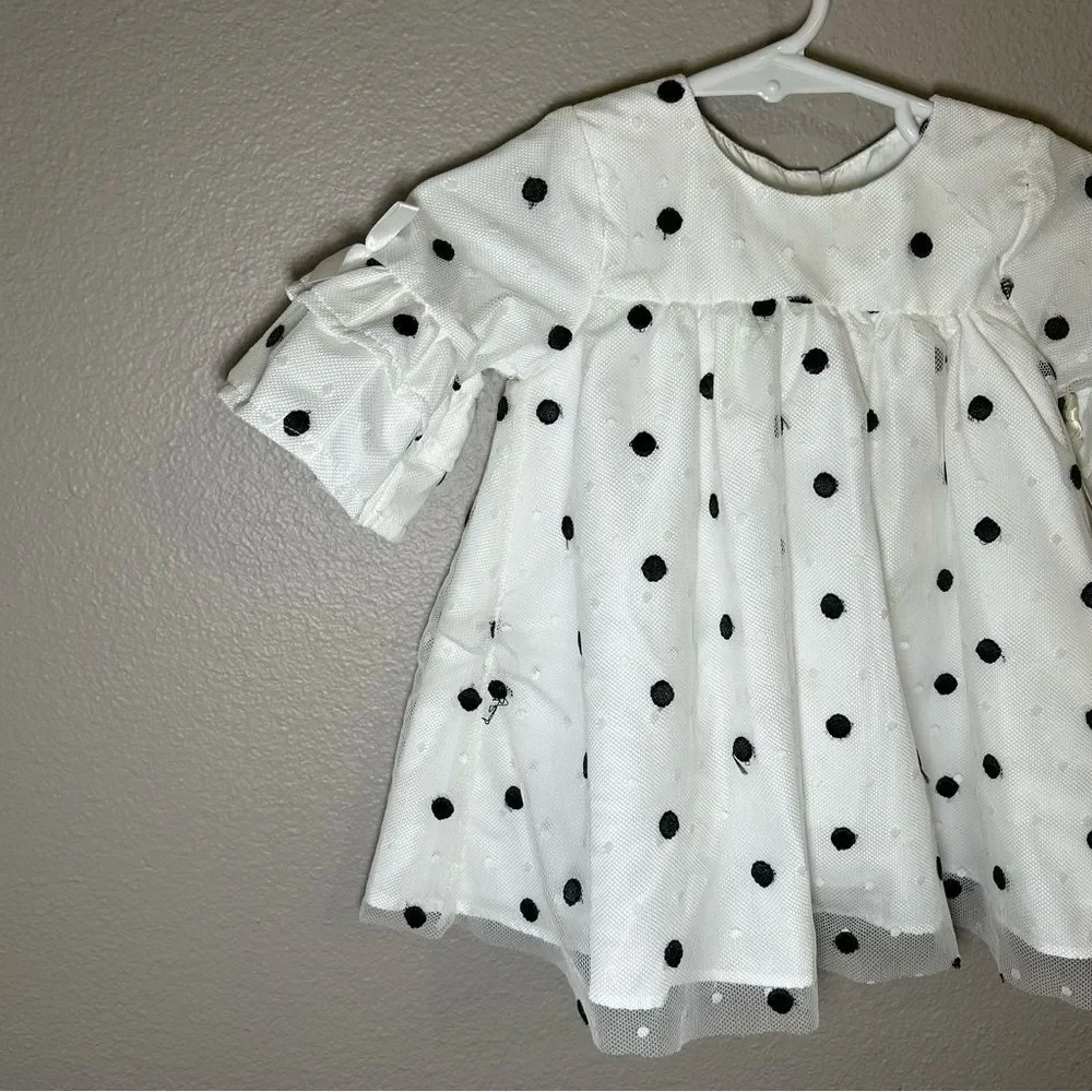 NEW Laura Ashley Infant White Black Polka Dot Dress Baby Girl’s Size 3-6 Months